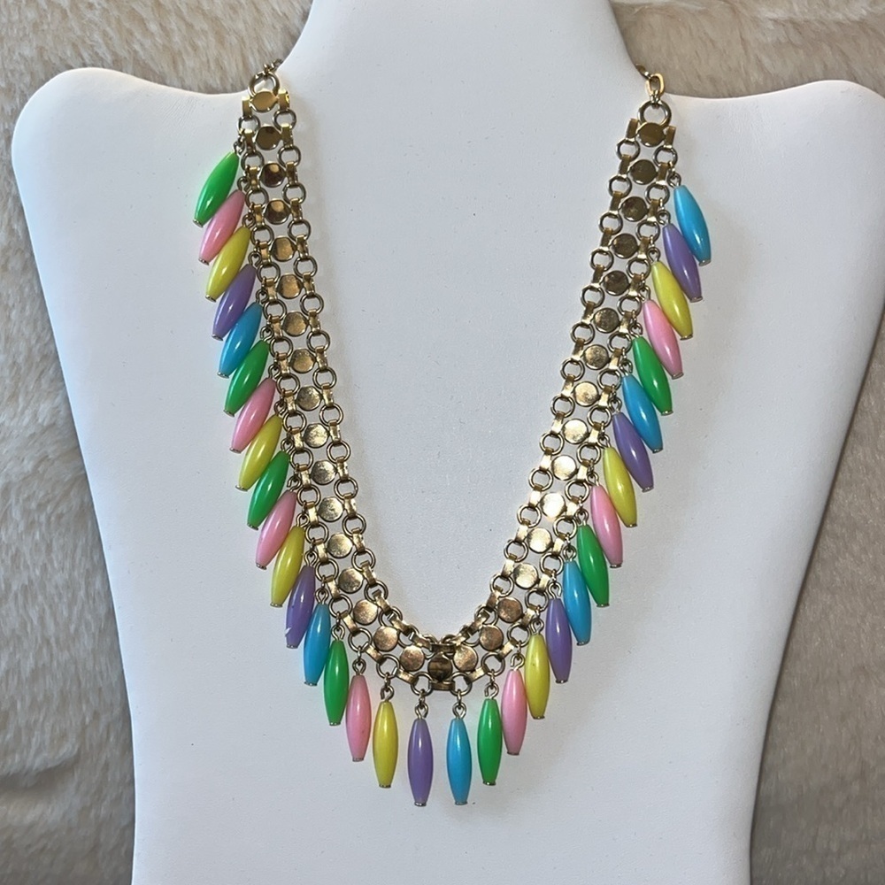 Pretty Pastel vintage plastic beaded fringe necklace gold tone fairy whimsical